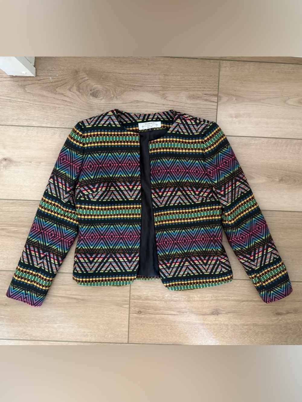 Tahari Black Multicolor Geometric Collarless Blazer